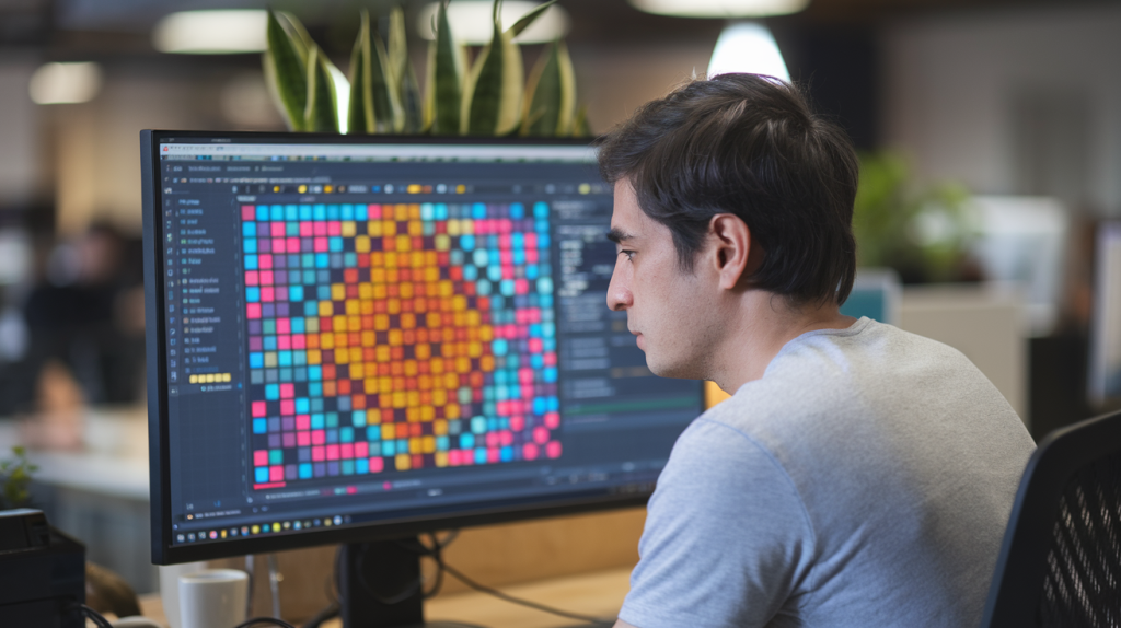 developpeur-ecran-grille-coloree-bureau-moderne