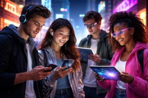 jeunes-gadgets-technologiques-ville-futuriste