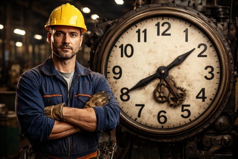 ouvrier-tenue-horloge-industrielle-usine