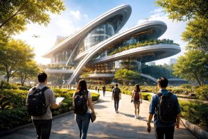 batiment-futuriste-verdure-etudiants-technology