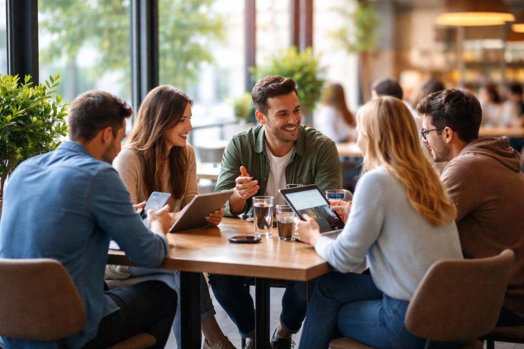 personnes-table-cafe-moderne-tech