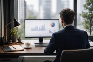 bureau-elegant-personne-ecran-vue-urbaine