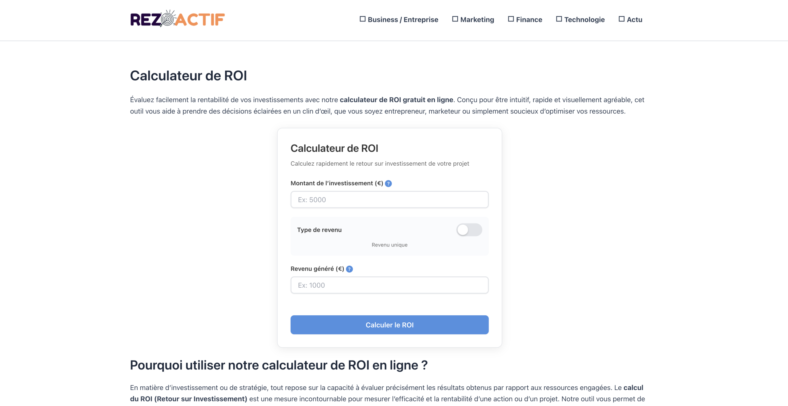 Aperçu du simulateur ROI Rezoactif avec les champs d'investissement et de revenus