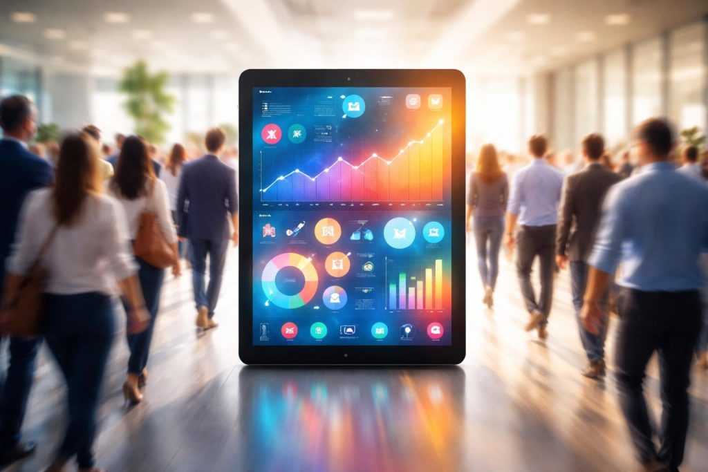 foule-personnes-tablette-numerique-graphismes-colorés
