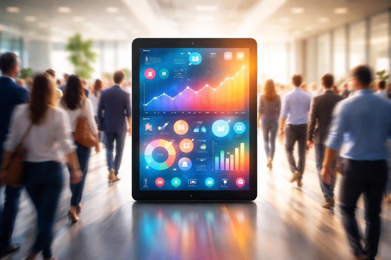 foule-personnes-tablette-numerique-graphismes-colorés
