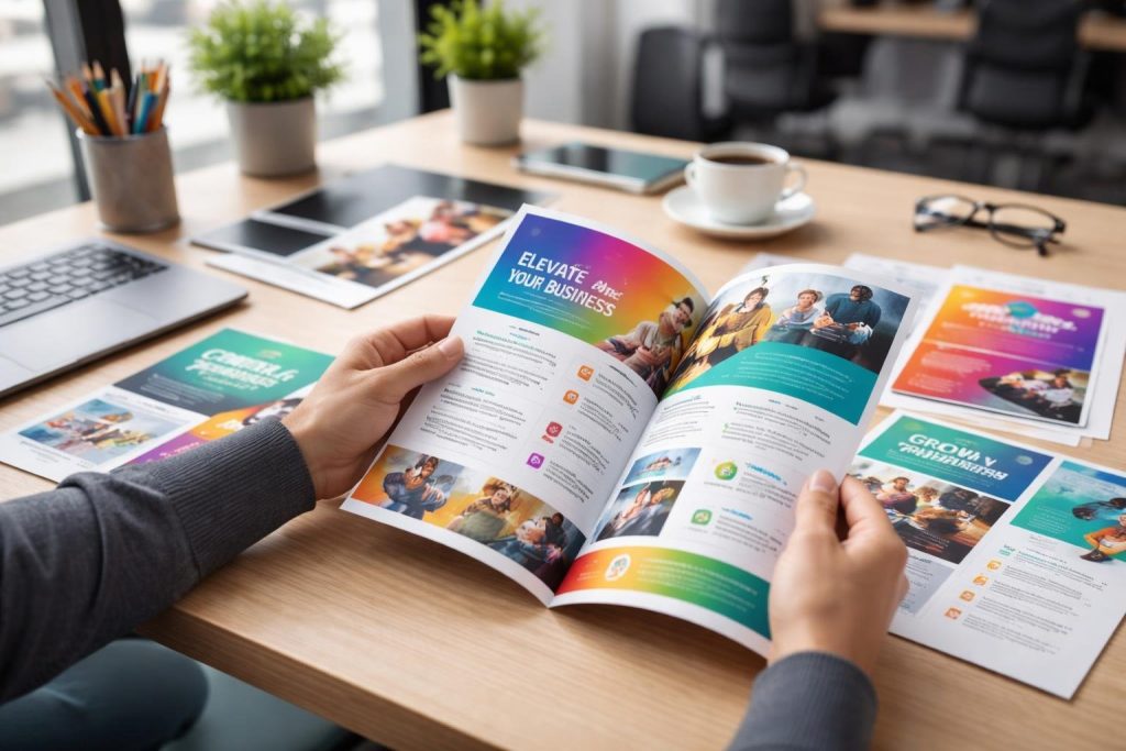 bureau-moderne-brochures-colorées-affiches