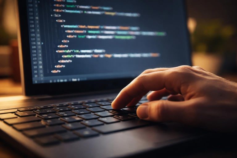 main-clavier-code-html-ecran-flou